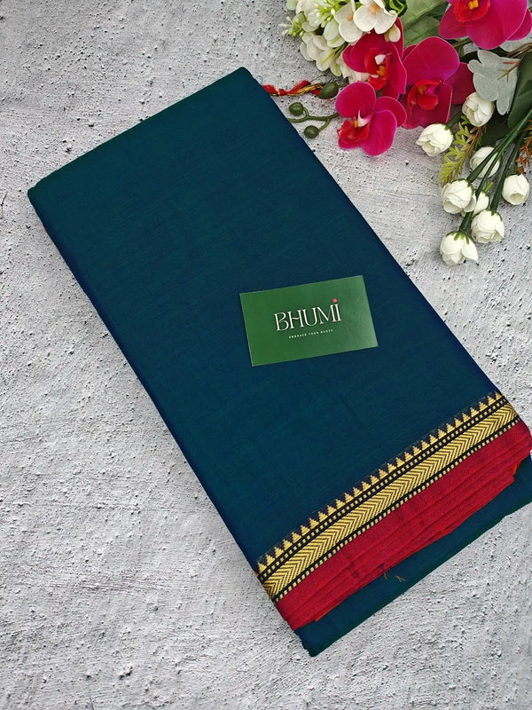 Narayanpet Cotton Sarees - Peacock Green Deep Jungle Green With Red Border