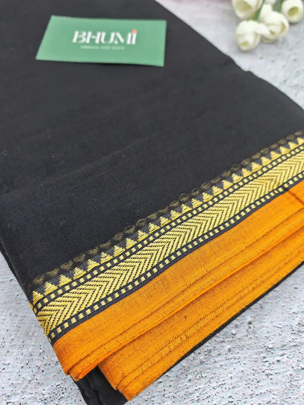 Narayanpet Cotton Sarees - Black with Mustard Yellow Border