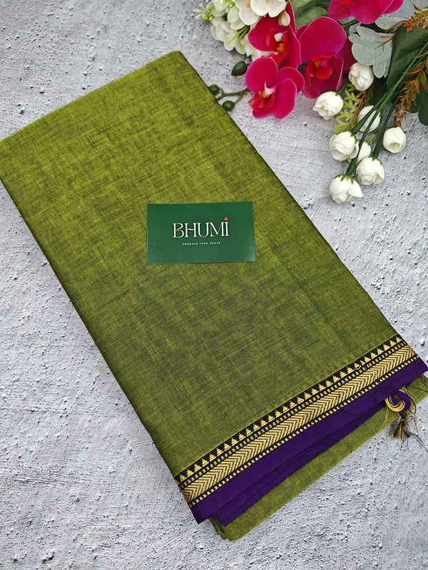 Narayanpet Cotton Sarees - May Green with Blue Border