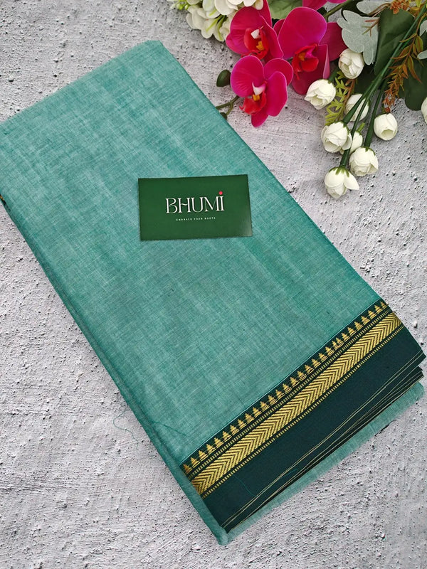 Narayanpet Cotton Sarees - Light Sea Green with Jungle Green Border