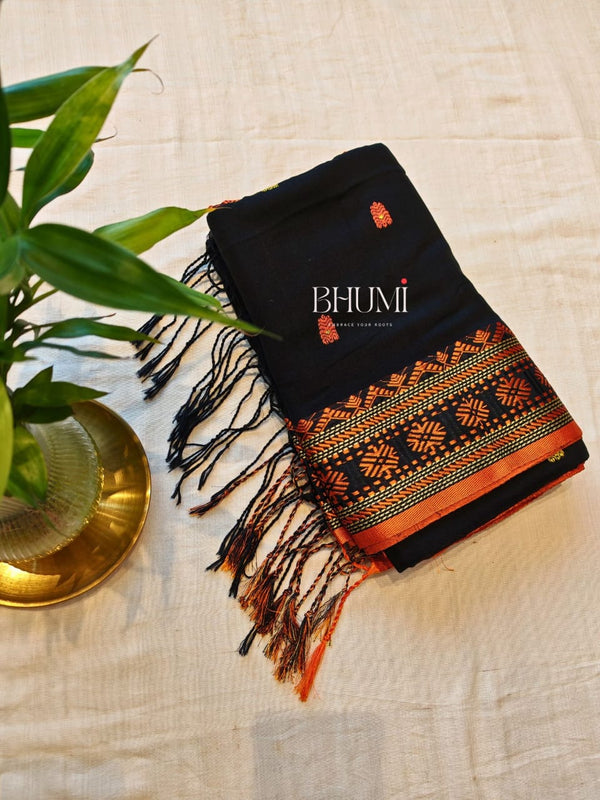 Black with orange pallu and border